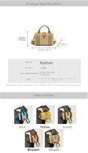 Detailed view of handmade woven straw bag with adjustable strap and metal hardware dimensions