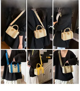 Detail showing multi-color straw crossbody bags with fabric straps and metal twist locks