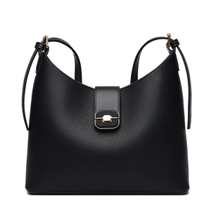 Black litchi pattern leather bucket bag with gold hardware buckle for shoulder carry