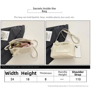 Detailed size chart for beige crossbody bag with dimensions of 24x18x8 cm and bow detail