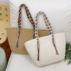 Women Straw Woven Tote Bag Cotton Linen Large Capacity Tassel Bohemian Beach Shoulder Handbag Summer Vacation