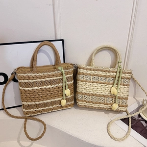 Women Straw Woven Handbag Striped Summer Vacation Shoulder Crossbody Bag With Tulip Charm Handmade Fashion Casual
