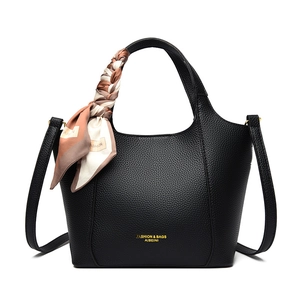 Retro black lychee grain tote bag with decorative silk scarf and detachable shoulder strap