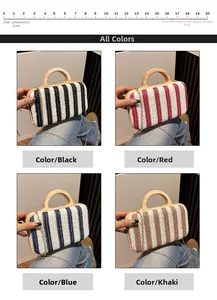 Detail of striped woven handbags with wooden handles and gold chain straps in four colors