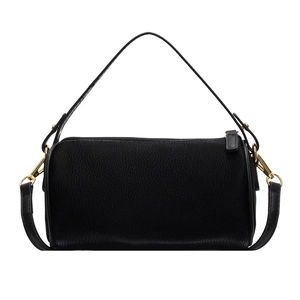 Fashionable black pebbled leather cylinder handbag with gold hardware and shoulder strap