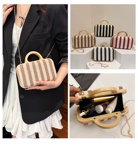 Detailed views of striped straw bag showing wood handle, chain strap and interior storage