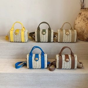Women Woven Straw Handbag Summer Beach Vacation Crossbody Tote With Canvas Strap And Metal Twist Lock Retro Style