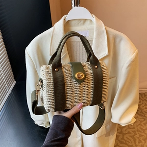Chic beige straw woven tote bag with army green fabric straps and golden buckle