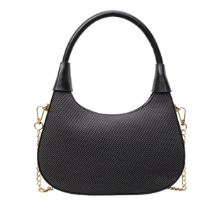 Minimalist hobo handbag with textured fabric, black leather handle and gold chain strap