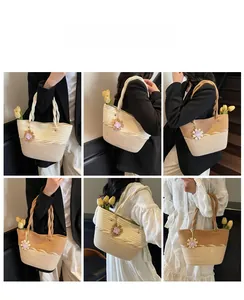 Collage of woven tote bags in beige and khaki with purple floral charms for beach holidays