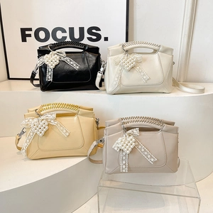Women Crossbody Bag PU Leather Braided Handle Artificial Pearl Heart Pendant Lace Bow Sweet Elegant Fashionable Shoulder Handbag