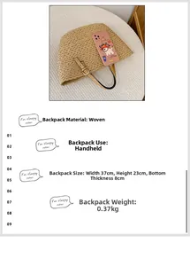 Detail view of a semi-circular woven handbag with dimensions 37x23x8cm and leather strap
