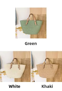Detailed comparison of woven tote bags in green, white, and khaki with leather handles