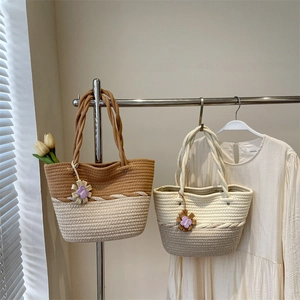 Handmade Woven Tote Bag Straw Handbag Color Block Beach Vacation Casual Purse With Flower Charm For Women