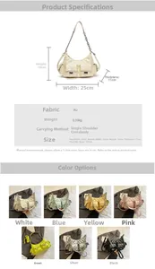 Size guide for chain shoulder bag showing dimensions and seven color options in PU material