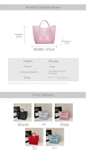 Tableau des tailles détaillé et options de couleurs pour le sac cabas en plastique ajouré