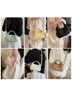 Detailed view of pleated shoulder bags in six Morandi colors with adjustable straps