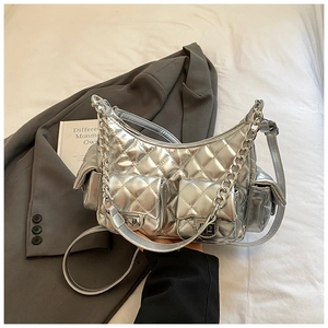 Chic silver metallic quilted hobo bag with chain strap and double front pockets