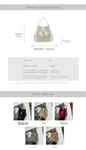 Detailed size chart and multi-color options for the crocodile pattern bucket handbag