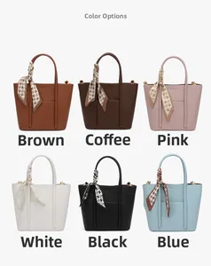 Close-up of litchi texture leather tote bags in six colors with decorative scarves
