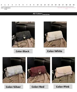 Detail view of woven leather chain bag in five colors with metal buckle and size reference