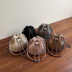 Women Pleated Bucket Bag PU Leather Simple Drawstring Shoulder Crossbody Handbag Fashion Casual Large Capacity