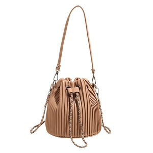 Chic pleated bucket bag in khaki PU leather with silver metal chain drawstring and strap