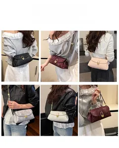 Detail view of woven chain bag showing multiple wearing styles and metal oval lock closure