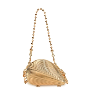 Elegant gold seashell acrylic evening bag with metallic bead chain and ridged texture