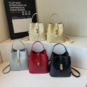 Women Croc Embossed PU Leather Bucket Bag Fashion Handbag Shoulder Crossbody Purse Gold Hardware Turn Lock Commuter