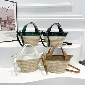 Women Straw Woven Patchwork PU Leather Bucket Bag Summer Vacation Fashion Crossbody Handbag Shoulder Tote Casual Elegant