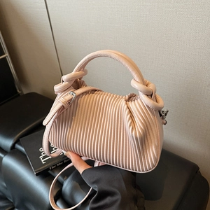 Pink pleated vertical stripe tote bag with knot handle and adjustable strap for women