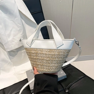 White leather and woven straw handbag with crossbody strap and double handles