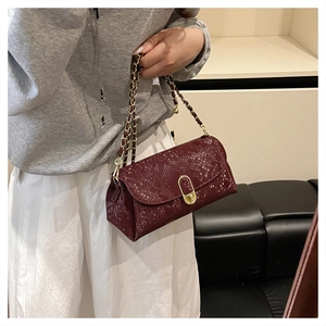 Detailed close-up of wine red snake pattern chain bag with golden oval turn-lock closure