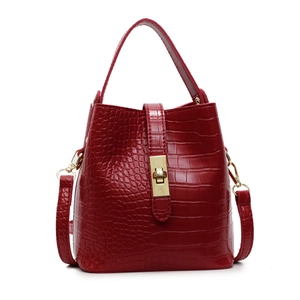 Dark red crocodile pattern bucket bag with golden buckle and detachable shoulder strap