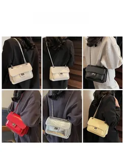 Multiple views of women's quilted chain bags in various colors on models