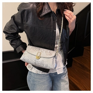 Detail of silver snake-patterned leather crossbody bag with gold chain and metal clasp