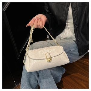 Close-up of cream woven shoulder bag with snake skin pattern and gold chain link strap