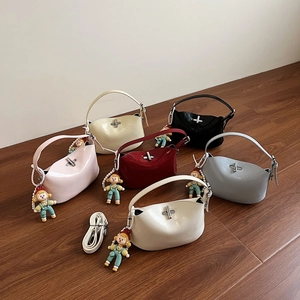 Women Small Square Crossbody Bag Shiny PU Leather Shoulder Bag With Turn Lock Versatile Fashion Cartoon Pendant