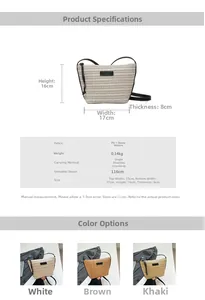 Detailed dimensions and specifications for woven straw and PU leather crossbody bag