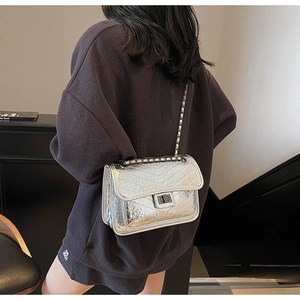 Silver metallic chain bag with V-quilt stitching shown on shoulder in macro view
