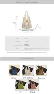 Detailed size chart and multi-color options for the 3D floral knitted tote bag