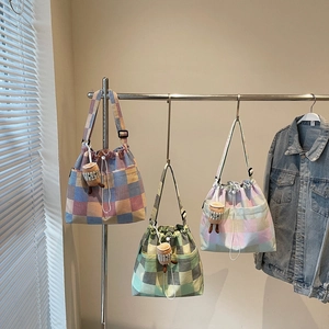 Women Canvas Plaid Bucket Shoulder Bag Large Capacity Drawstring Crossbody Bag With Cute Plush Pendant Casual