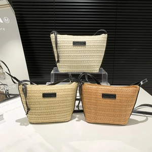 Straw Bucket Bag PU Leather Trim Summer Beach Vacation Shoulder Crossbody Handbag Casual Minimalist Style For Women Chic