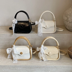 Women Vintage Crinkled PU Leather Handbag Mini Shoulder Crossbody Bag With Elegant Lace Bow Knot Flap Purse