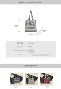 Size chart for striped knit tote bag showing dimensions and color options