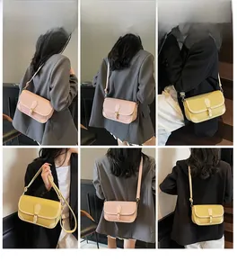 Detail shots of pink and yellow crossbody bags showing pebble leather and metal buckle