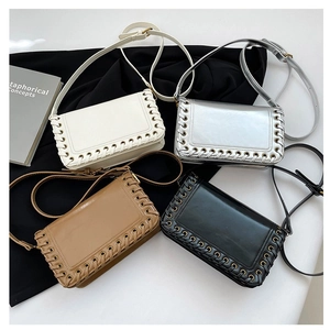Women PU Leather Crossbody Bag Small Square Shoulder Purse With Woven Lacing Metal Eyelets Trendy Minimalist Solid Color