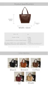 Detailed size specifications and multi-color options for the large PU tote bag