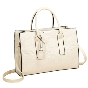Minimalist beige crocodile pattern tote bag with gold hardware and shoulder strap